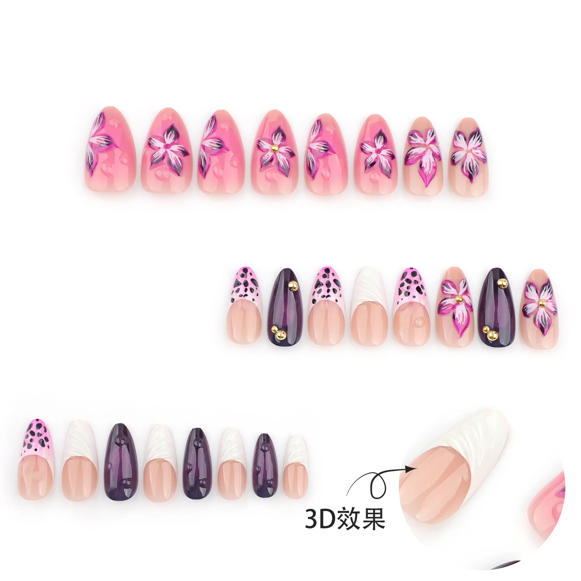 Faux ongles à imprimé léopard pour femmes, nickel é 3D, fleur violette, presse sur bord blanc, style français, cool, N64.Sweet, 24 pièces