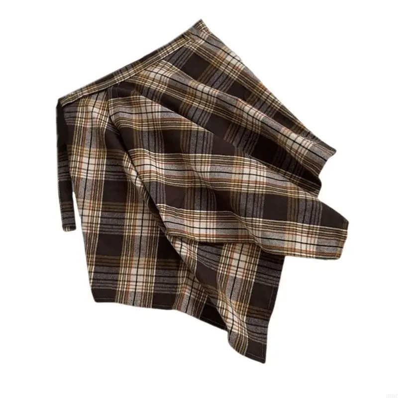 

39BC Unisex Checkered Layered Short Wrap Skirt Irregular Pleated Apron Skirt Tie Up A Line Hip Scarf Overskirt Shirt Extender