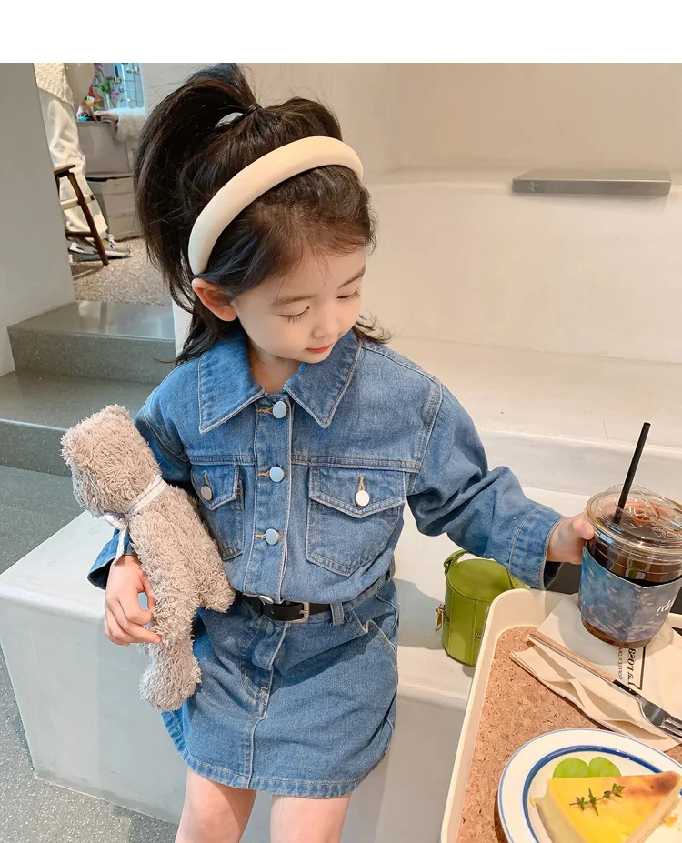 

Girl Denim Skirt Spring Autumn Children Long Sleeved Dress Childrens Clothing Casual 2025 Turn Down Collar Fashion