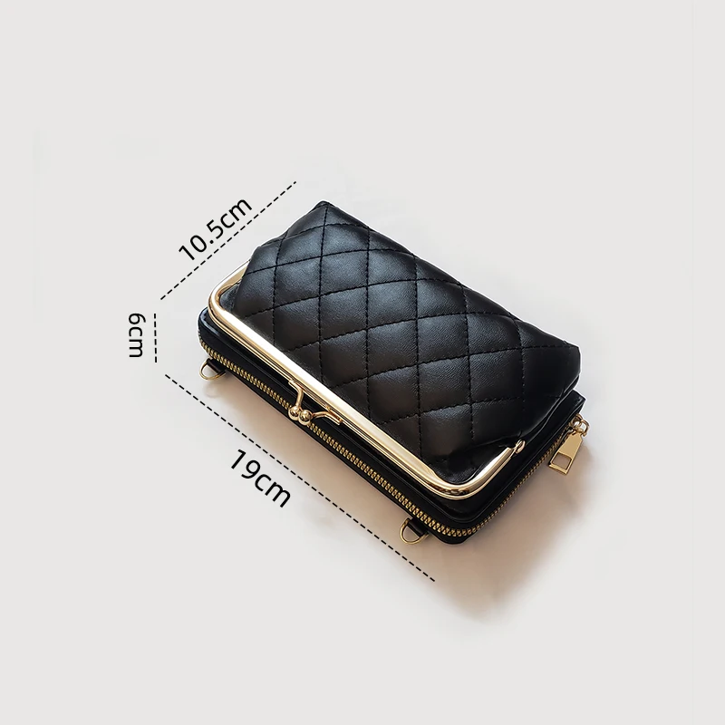 Premium Black Argyle Pattern Wallet With Chain Shoulder Bag Zipper Wallet Mobile Phone Credit Card Hasp Pulse