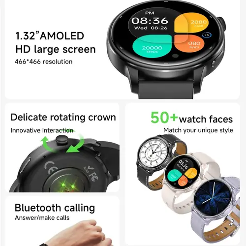 Imagen 2 del producto Reloj inteligente Wonlex GPS para mujer, pantalla AMOLED de 1,32 pulgadas, reloj inteligente a la moda para mujer, brújula 3ATM, resistente al agua, 170 + modos deportivos