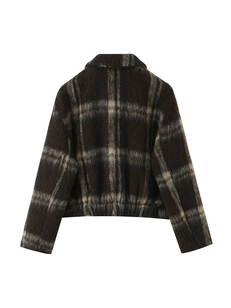 Europejska moda damska, uniwersalna kurtka z kieszeniami, dekoracją w kratę, kołnierzykiem i długim rękawem.