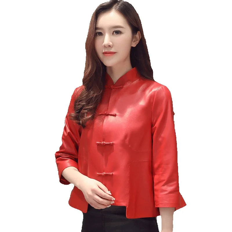 Spring New Women's Genuine Leather Coat Sheepskin Coat Short Standing Collar Chinese Classical Women's Wear