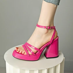 Summer High Heeled Sandals Woman Shoes Genuine Leather Platform Shoes Thick Sole Sandals Square High Heels Plus Size