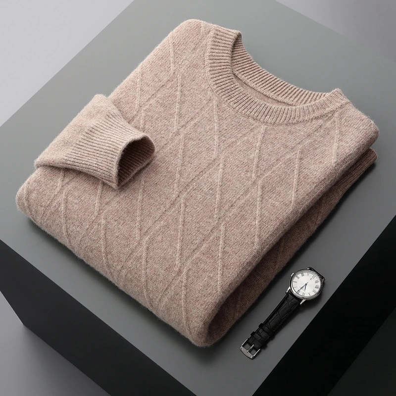 

New 100% pure wool men's O-neck thick jacquard sweater leisure knitted cashmere sweater in autumn and winter