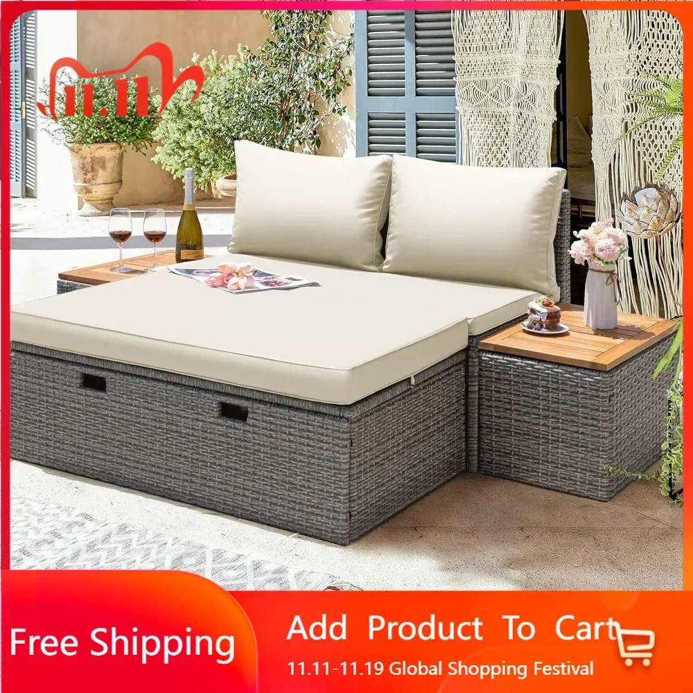 Patio Furniture Set Multifunctional Outdoor Sectional Sofa Rattan Chaise Lounge Wicker Daybed with Couch,Cushions,Storage