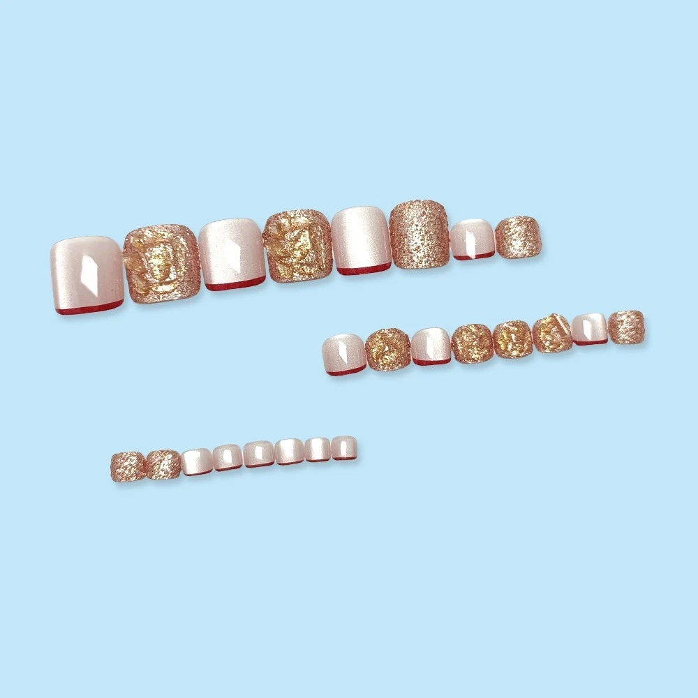 24pcs Flash Diamond Cat's Eye Toe Nails Wine Red French Fake Nails Fashion Champagne Glitter False Nail Decor Press On Foot Nail