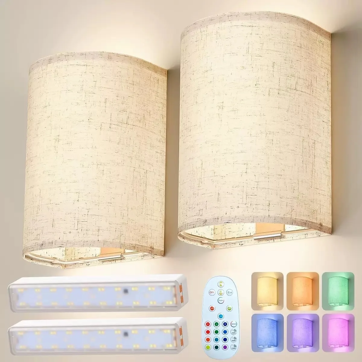Rechargeable Magnetic Wall Lamp, Dimmable RGB 15 Colors Remote Control Linen Lampshade, Wall Sconce for Living Room Bedroom