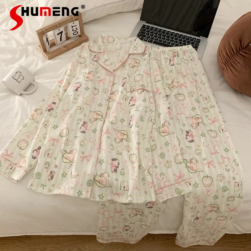 

Women's Pure Cotton Cute Homewear Set Spring Autumn New Cat Japanese Style Pajamas Suits Female Long Sleeve Sleep Underwear