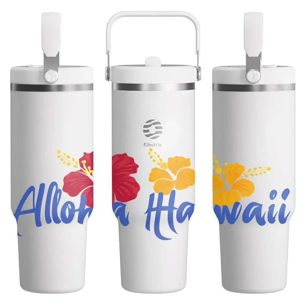 

30oz Aloha Hawaii Hibiscus Tumbler with Flip Straw Lid,304 Stainless Steel Insulated Portable Handle Car Travel Coffee Water Mug