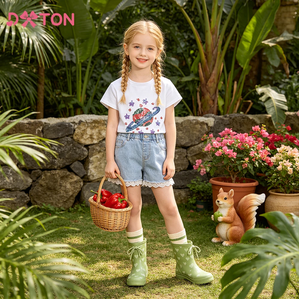 DXTON Baby Kinder Freizeit-T-Shirts Kurzarm Sommer Kleinkind Mädchen T-Shirts Baumwolle Kinder Alltagskleidung Pailletten Pflanzenmuster Mädchen-Oberteil