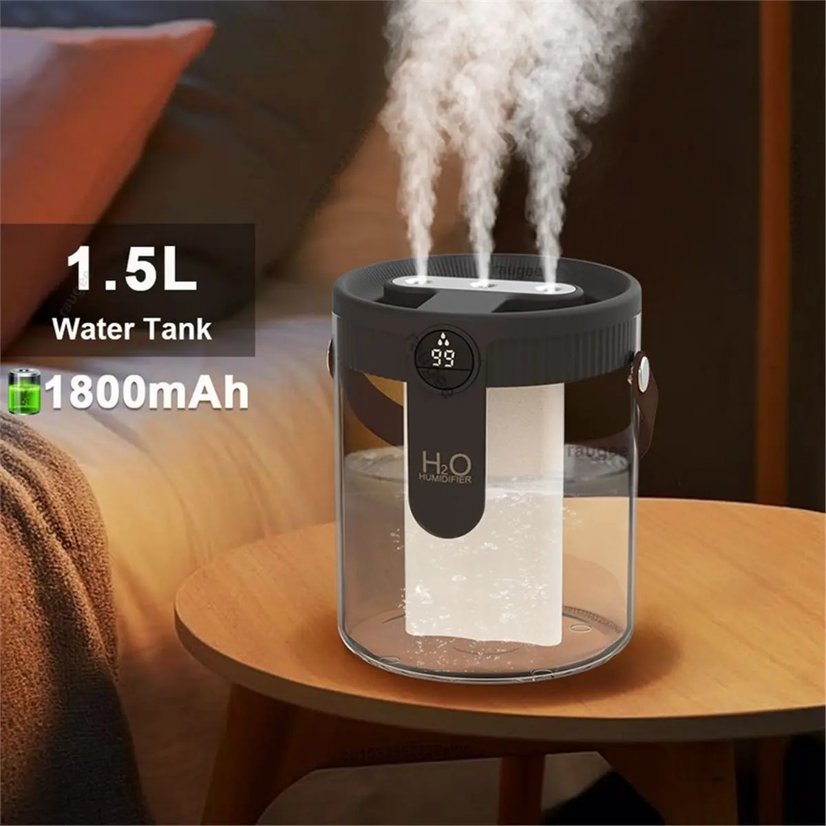A20M 1.5L Air Humidifier Large Capacity Home Humidifier Silent Mist Maker 1800mAh Battery USB Rechargeable Humidifier