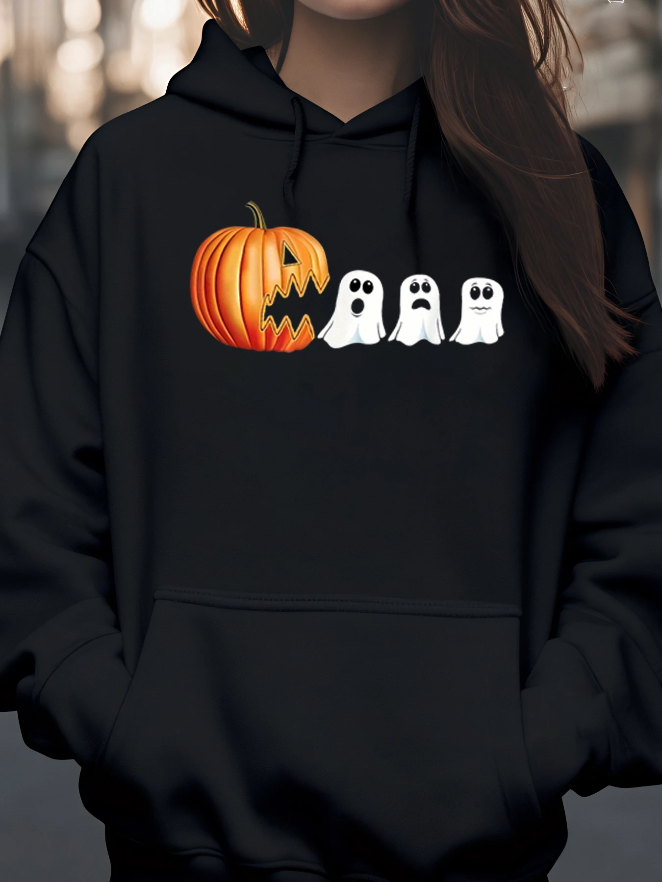 Kürbis- und Geister-Hoodie mit Halloween-Aufdruck für Damen, Freizeitkleidung, Party-Outfit