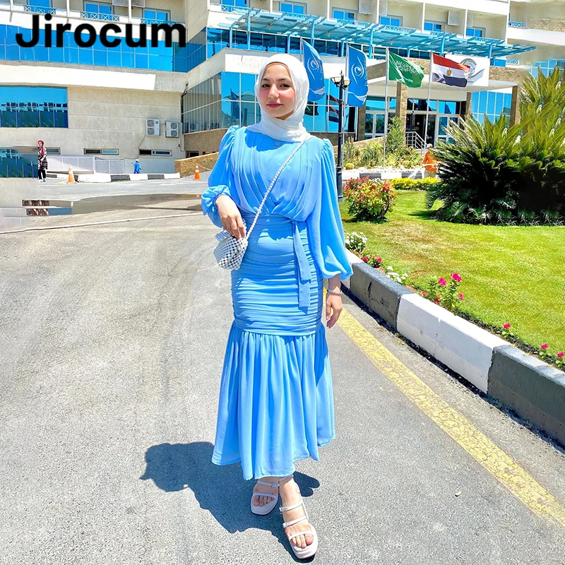 

Jirocum Round Neck Long Sleeve Muslim Prom Gown Women's Pleated Evening Gowns Elegant Mermaid Ankle-Length Formal Occasion Dress