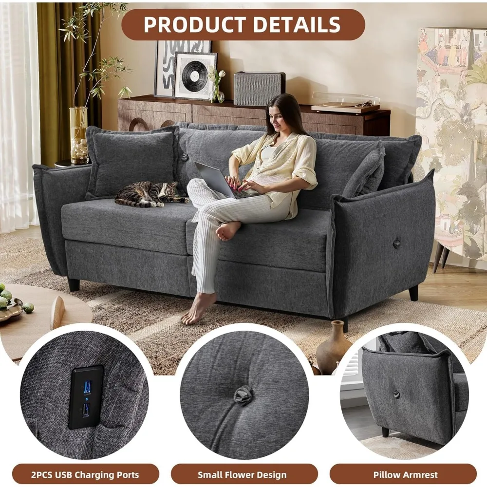 Graues 85 Deep Seat 3-Personen-Sofa mit USB-Anschlüssen, getufteter Komfort für kleine Wohnzimmer, Cloud Soft Love Seat Couch