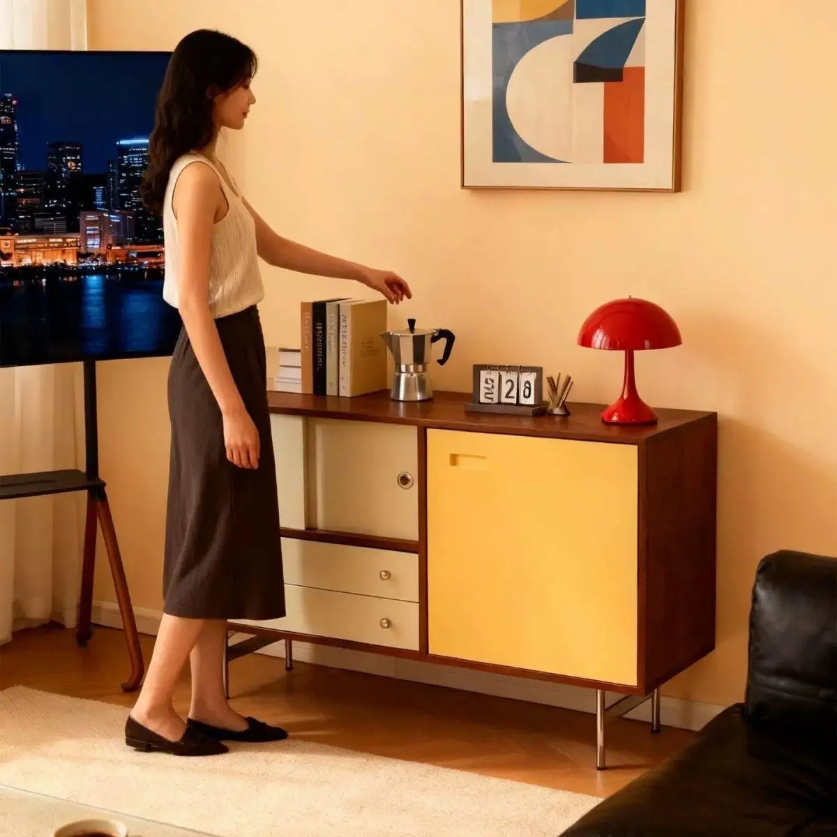 Dinner side color matching living room entrance against the wall display cabinet locker