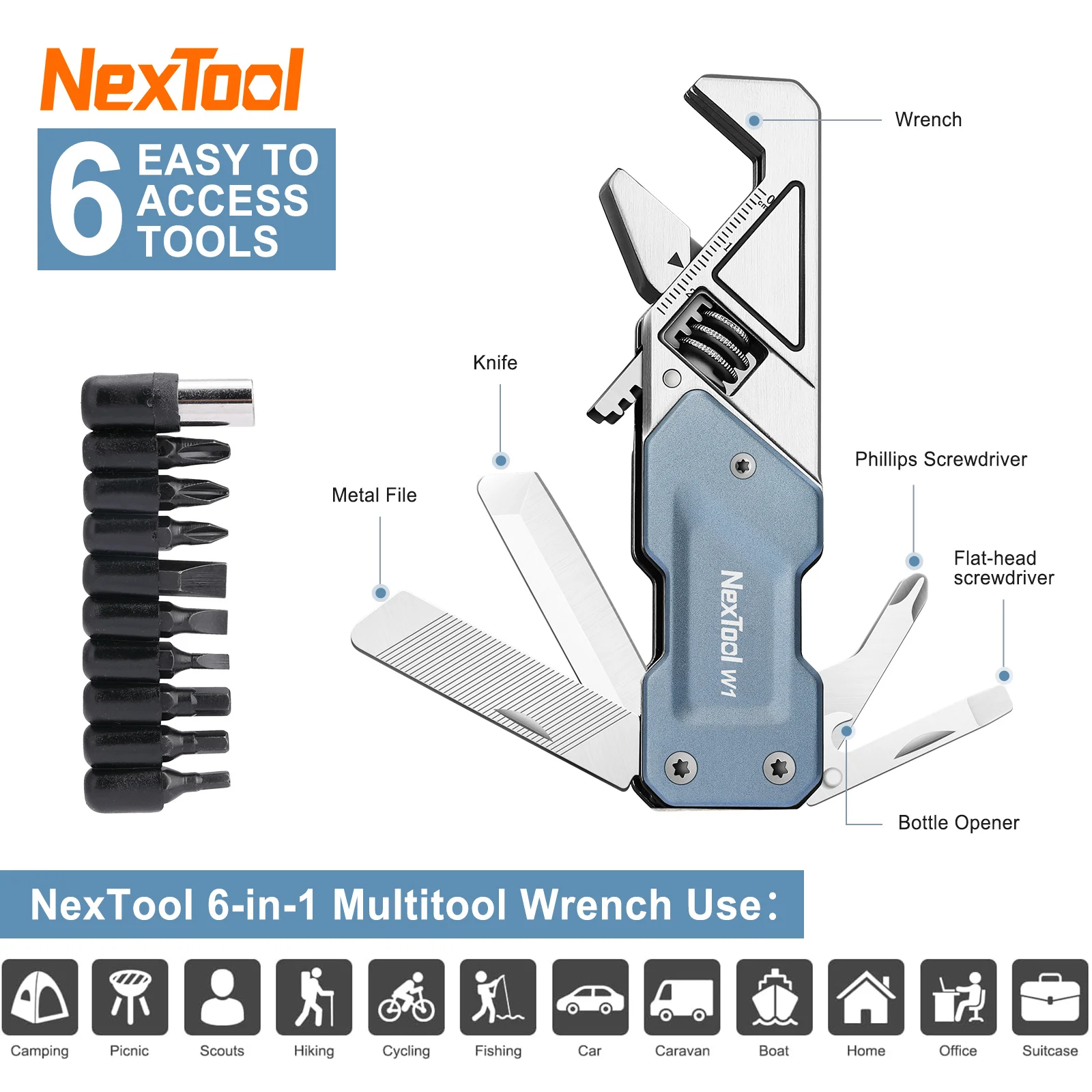 NexTool 조정 가능한 다용도 렌치 포켓 수공구 키트, 스크루드라이버 비트 세트, 다기능 도구 접이식 나이프 파일, 6 in 1 edc