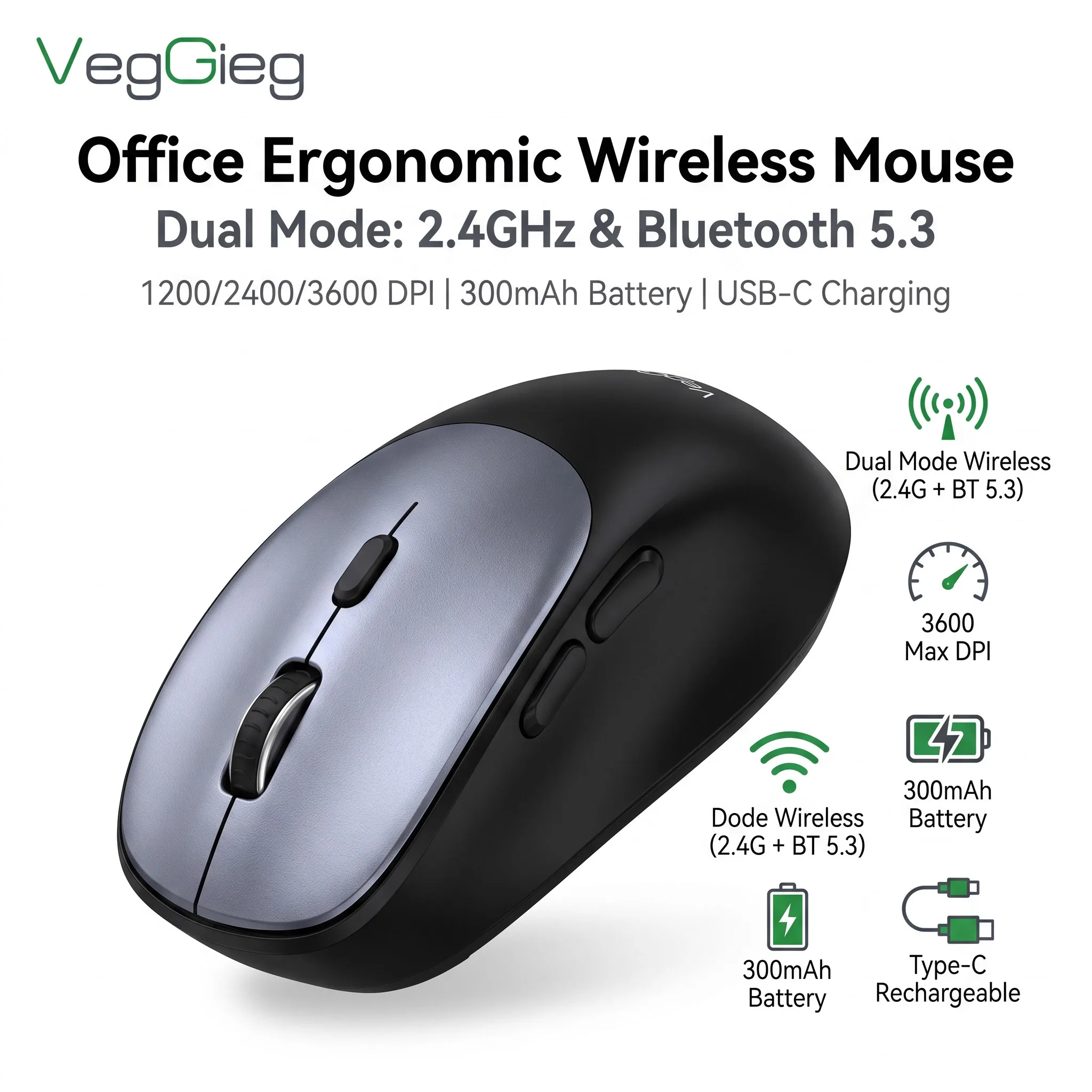 VegGieg Silent Click Wireless Mouse 3600DPI 5.3 Bluetooth Dual Mode Rechargeable Ergonomic Office Mouse for PC Mac Laptop