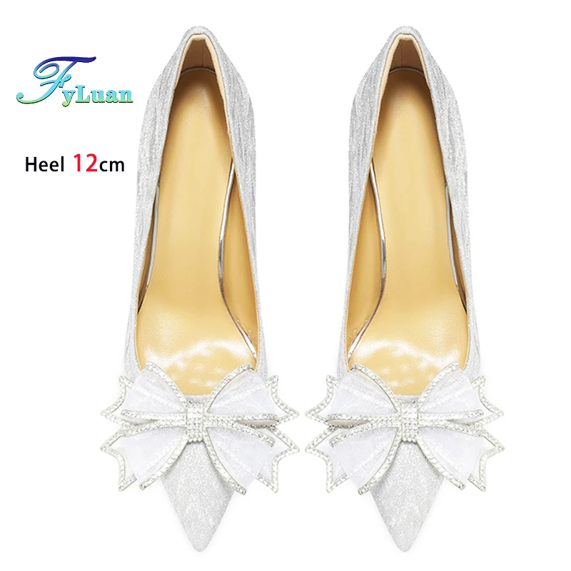 

Новые серебристые женские туфли на высоком каблуке 12 см, 10 см, 8 см, женские туфли-лодочки на тонком каблуке с острым бантом и узлом, свадебные туфли на шпильке с неглубоким носком