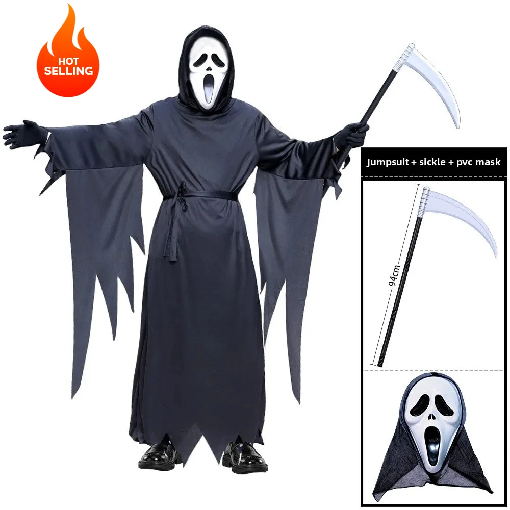 Frightening Scream Costume Children Fancy Dress Kids Halloween Ghostly Ball Party Horror Death Ghostface Costume Boys Teens