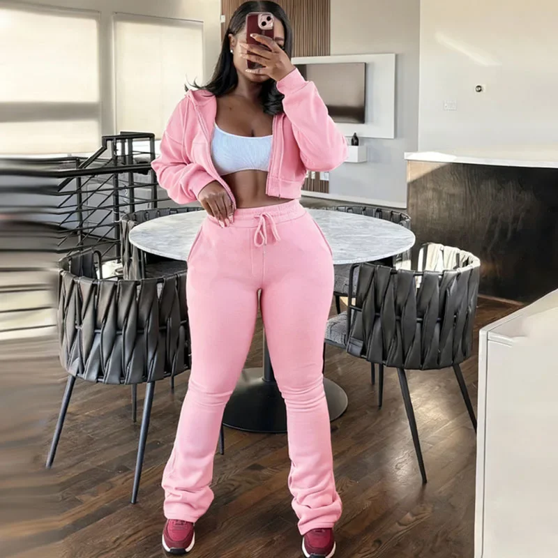 Doyerl الصلبة عارضة قطعتين مجموعة امرأة رياضية رياضي الجري طويلة الأكمام البريدي مقنعين سترة أعلى و Sweatpants مطابقة مجموعات #2