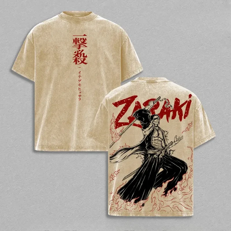 Anime BLEACH Zaraki Kenpachi Graphic T Shirt Men Women Washed Cotton Tshirts Vintage Casual Clothing Harajuku Male Loose T-shirt