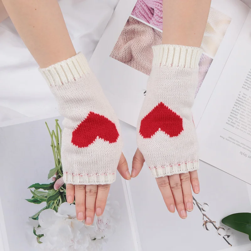 Knit Finger less Gloves Women Girls Heart Print Arm Warmers Y2K Aesthetic Warm Half Finger Mittens Cosplay Party Daily Casual