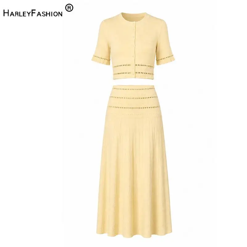 2026 Lady Stylish Beading Early AutumnSolid Suit O-neck Short Sleeve Single-breasted Cardigan A-line Midi Skirt Women Knit 2pcs