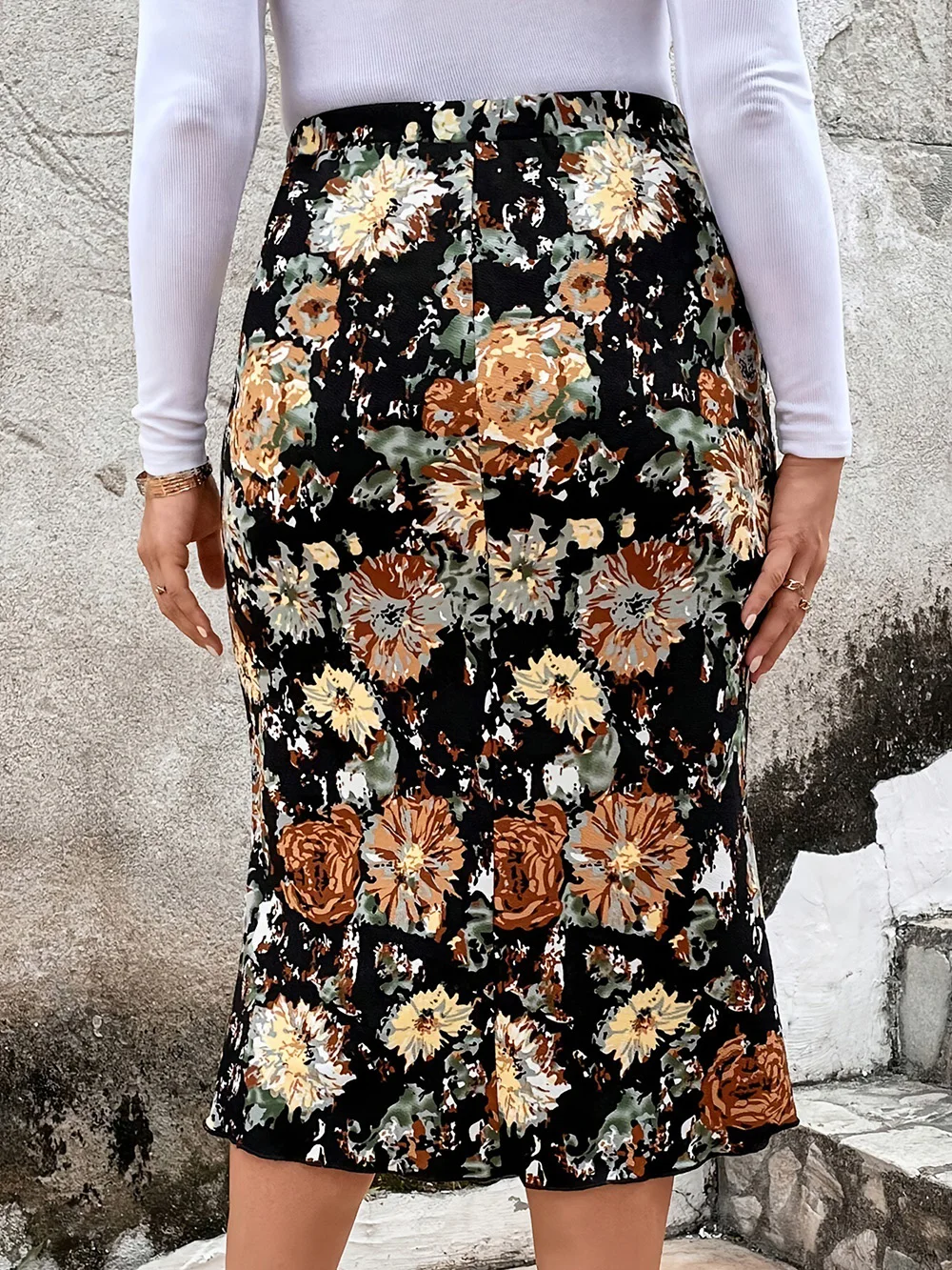 GIBSIE Plus Size Floral Print Retro Bodycon Women Skirt Fashion 2024 Autumn New Casual Street High Waist Ruffle Mid-long Skirts