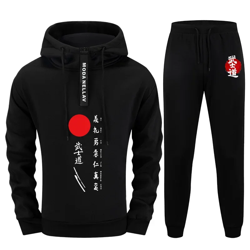 

Japanese Bushido Half Zip Hoodie Set for Men 2025 Urban Streetwear Tracksuit 2 Pieces with Joggers Autumn Winter Casual Outfit
