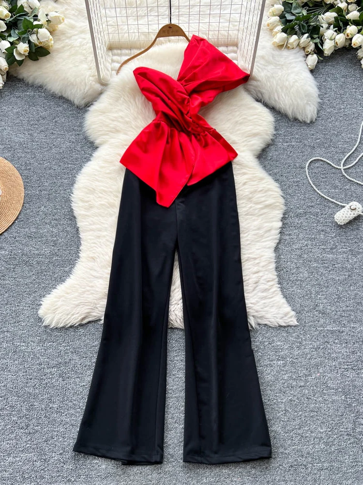 

Sexy oulder Bared High Waist Color Blo Piece Summer Faionable Women's Rer Straight Cut Long Pants