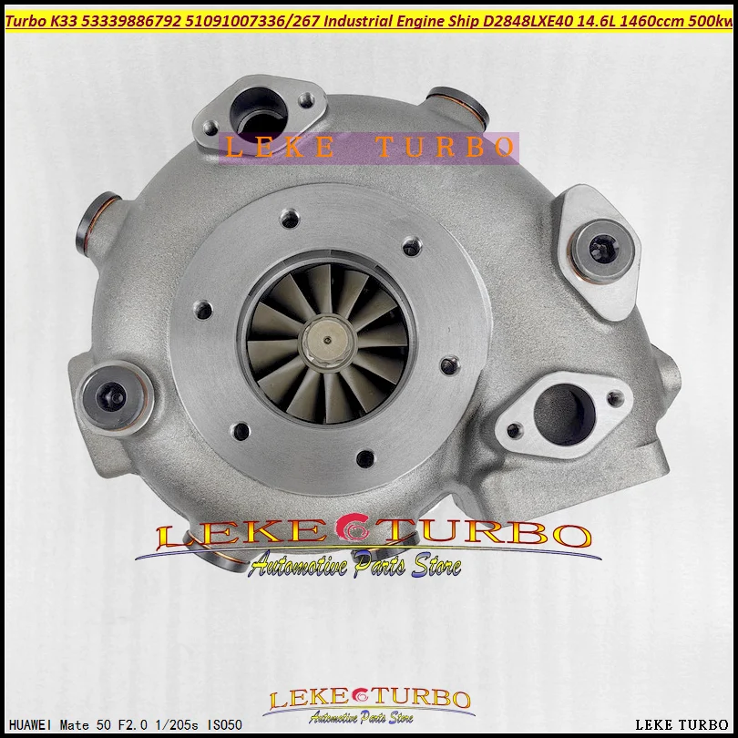 

Турбокомпрессор K33 53339886792 51091007267 53339706792 51091007336 для промышленных двигателей судового применения 1990-05 D2848LXE40 14.6L 1460cc 500кВт 670л.с.
