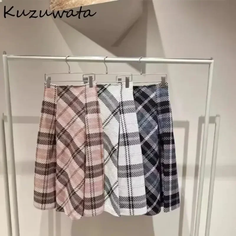 Kuzuwata New Vintage A-line Ruched Plaid Skirt High Waist All-match Wool Tweed Falda Japan Slim Minority Office Lady Mujer Falda