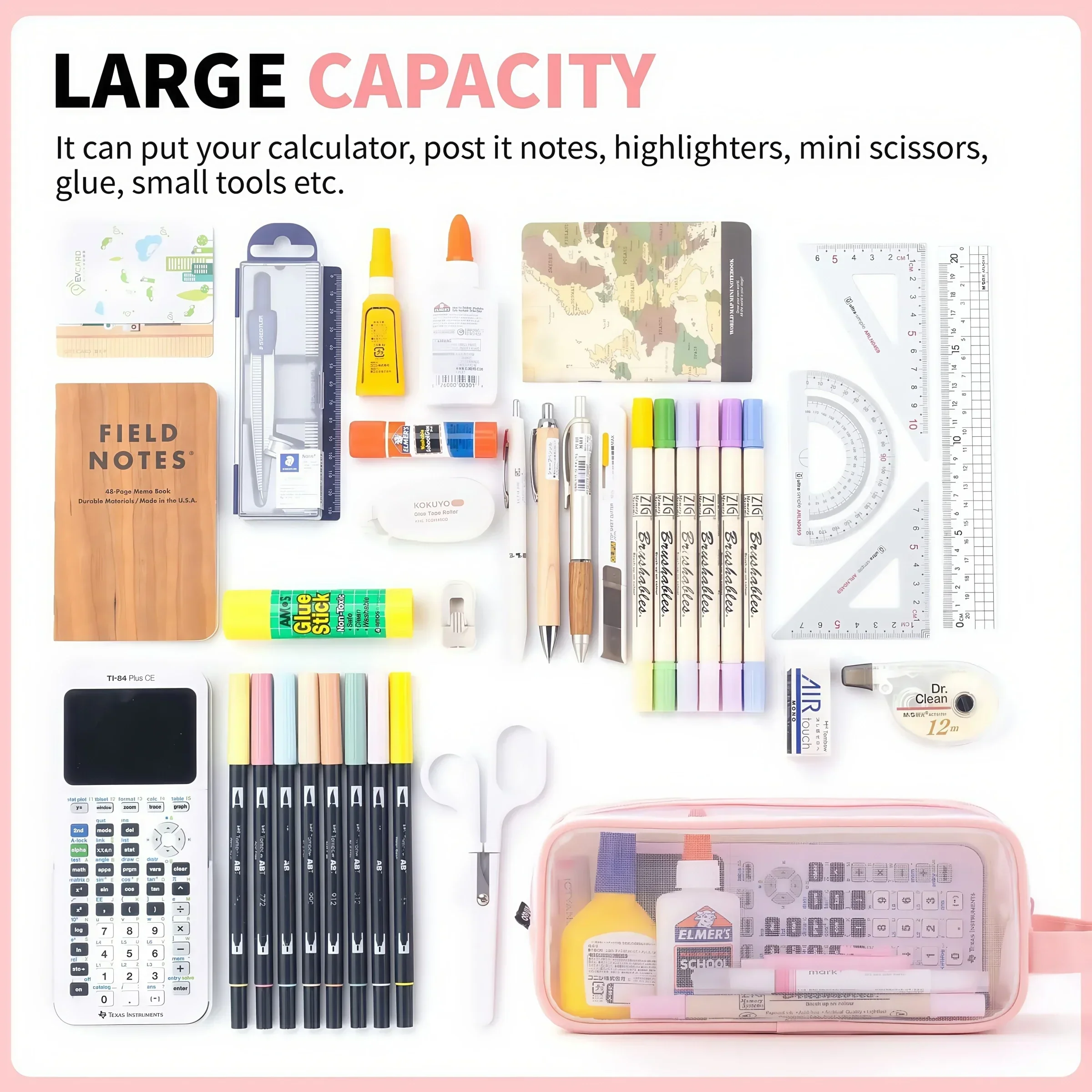 Tas Pensil Casae Pensil Kantong Pena Transparan Lapisan Ganda Kotak Pensil Organizer Meja Sekolah Kawaii Alat Tulis Korea Lucu