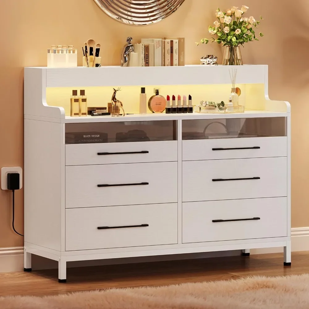 

6 Drawer Dressers & Chests of Drawers with LED Light, Modern Dresser with Open Shelf Storage, 15.7"D x 45.67"W x 37"H, White