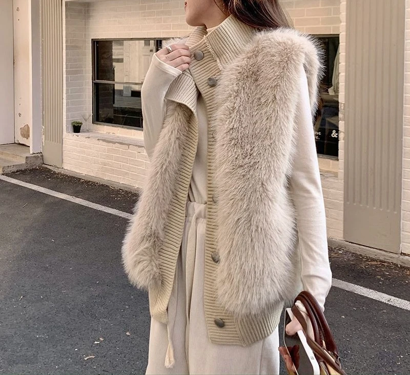 

Stand-up collar mink sleeveless sweater women's jacket 2025 autumn and winter new loose temperament elegant knitted cardigan