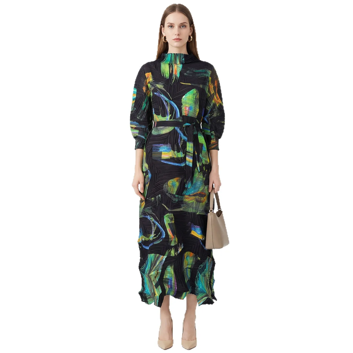 Miyake geplooid 2026 lente en zomer nieuwe mode damesontwerp onregelmatig gevoel voor casual geplooide print stropdas jurken geplooid