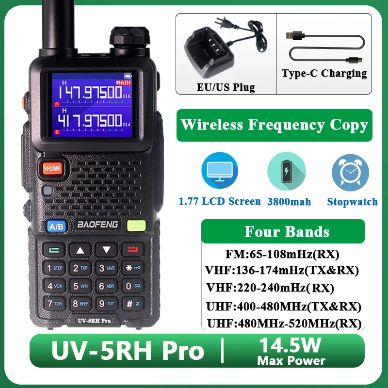 Baofeng UV-5RH Pro 14W 3800mAh Type C Charging 136-174MHz 220-240MHz 400-520MHz Tri-Band 999Ch Wireless Frequency Copy FM Radios