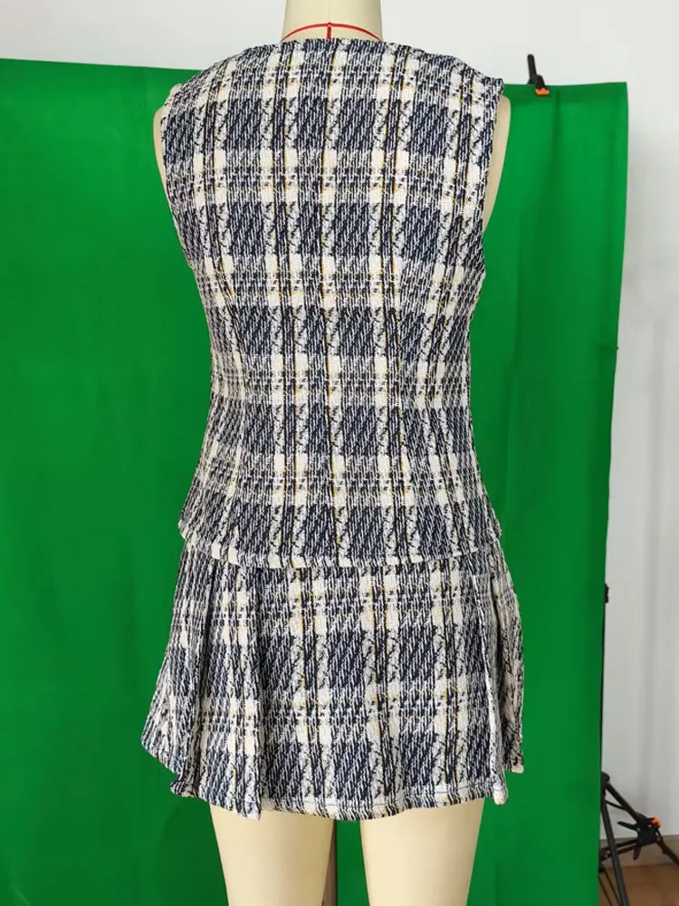 HH Dames Elegante Geruite Textuur Pak Mouwloos Single-breasted Vest Top + Brede Geplooide Hoge Taille A-lijn Culottes Retro Set