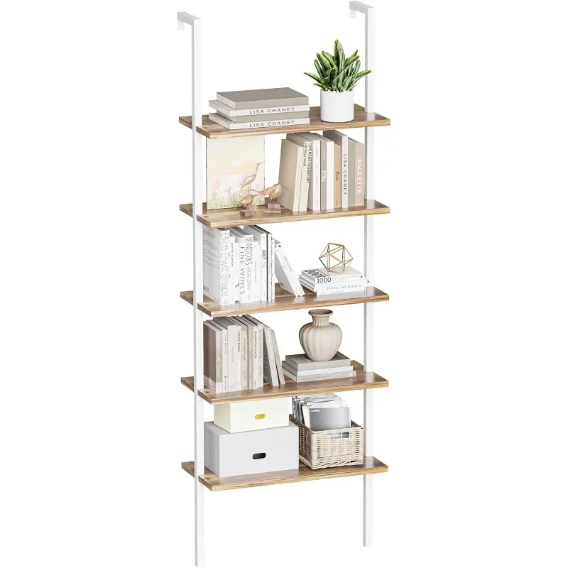 

5-Tier Bookshelf, Wall Mount Ladder Shelf with Wood Board and Industrial Metal Frame, for Home Office, Living Room