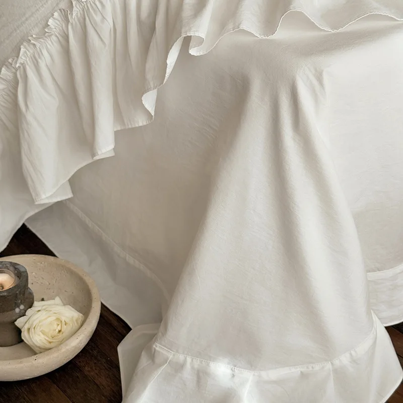 100% Cotton White Jacquard Bedding Set French Style Ruffle Flounce Duvet Cover Princess Vintage Bed Skirt Sheet Pillowcases