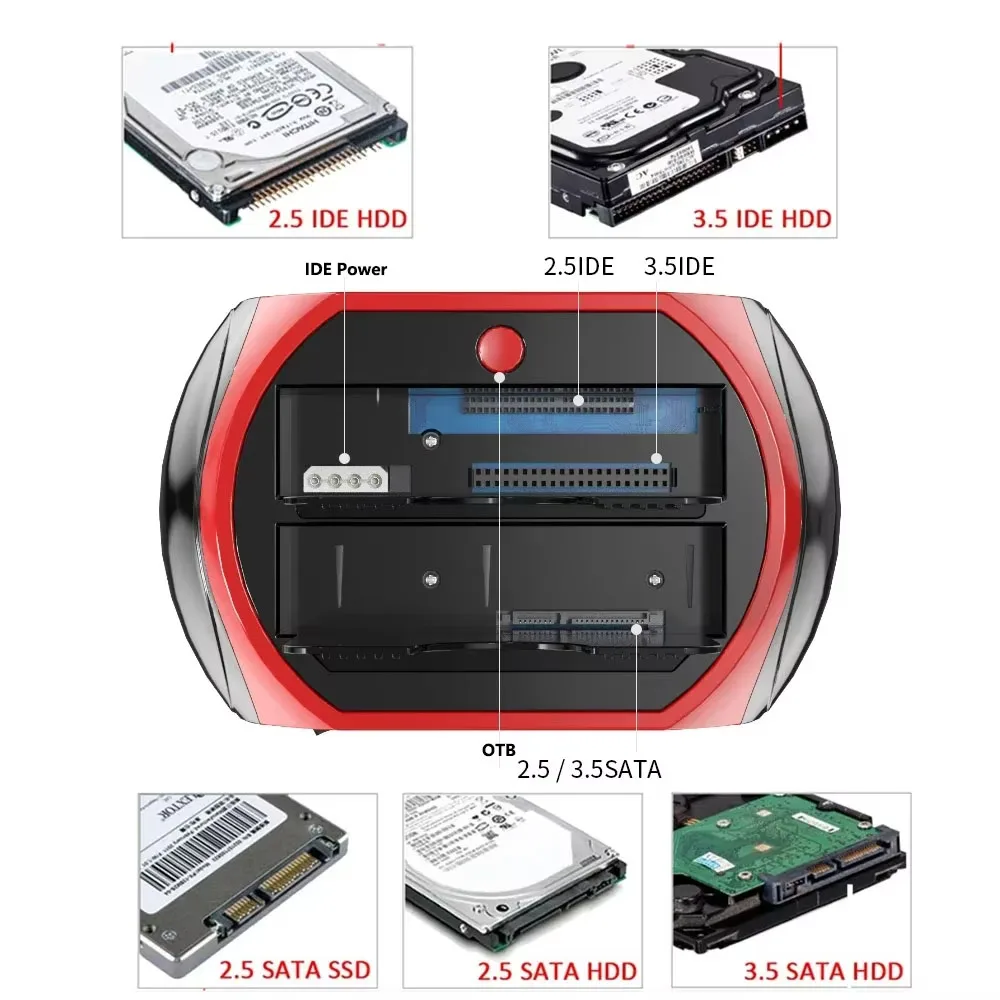 10 IN 1 IDE SATA USB3.0 Dual Bay External Hard Disk Drive 2.5 inch 3.5 inch HDD Docking Station One Touch Backup HUB Card Reader