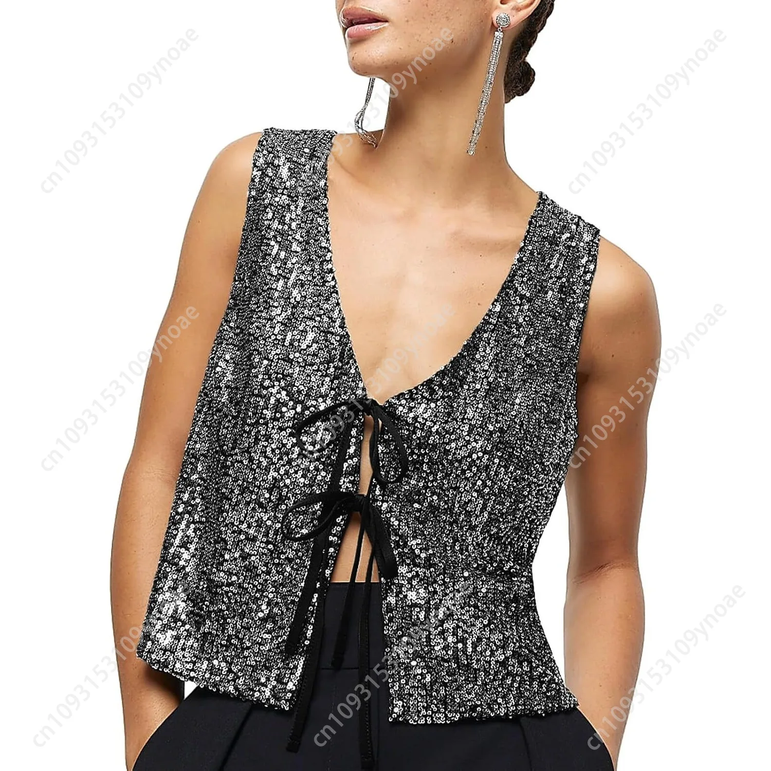 Sequin Sleeveless Vest Sexy Sparkly Party V Neck Vests Women Vintage Elegant Laceup Low Cut Top Hollow Out Polyester Waistcoat