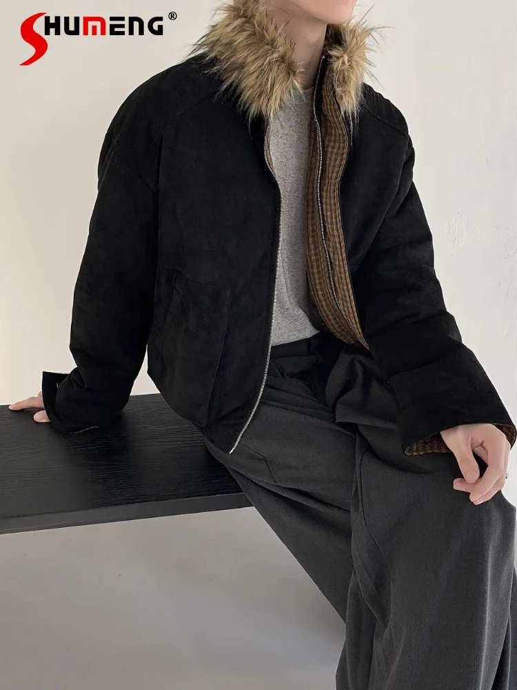 

Men's 2025 Winter New High-End Faux Fur Collar Parkas Men's Thickened Warm Parkas Male Solid Color Long Sleeve Outerwear Jackets