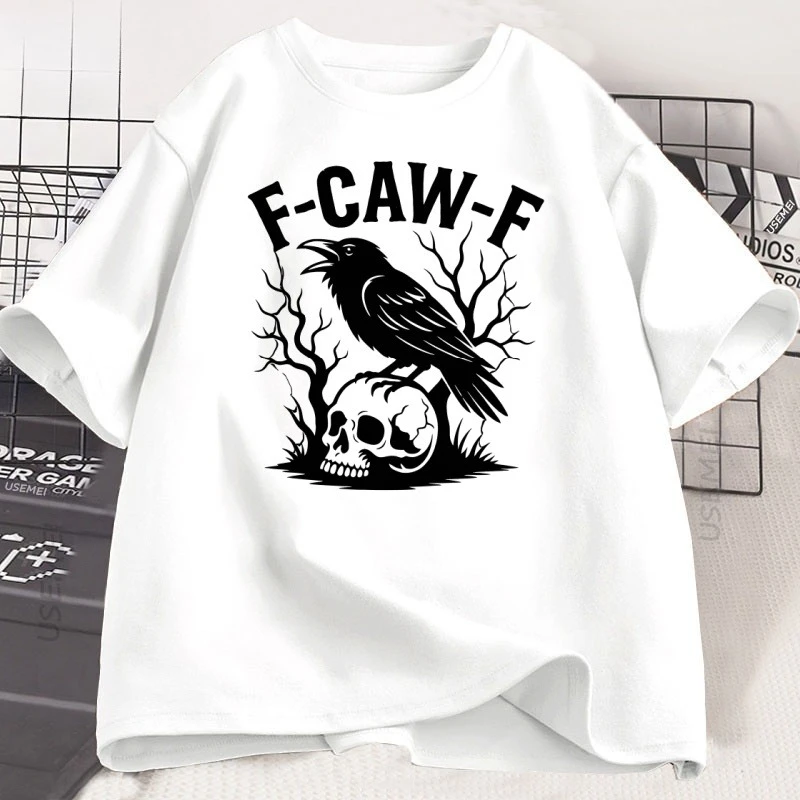 F-Caw-F مضحك القوطية الغراب تي شيرت كرو الظلام الطيور الفكاهة الجرافيكي تيز هالوين تي شيرت تقليدي الرجال النساء ملابس قصيرة الأكمام