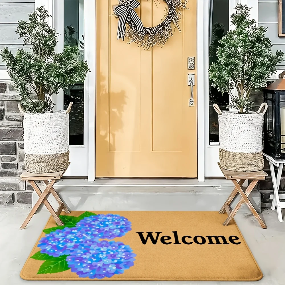 Welcome Doormat Blue Floral Hydrangea Design Entryway Mat Porch Decor Indoor Outdoor Housewarming Gift Mat