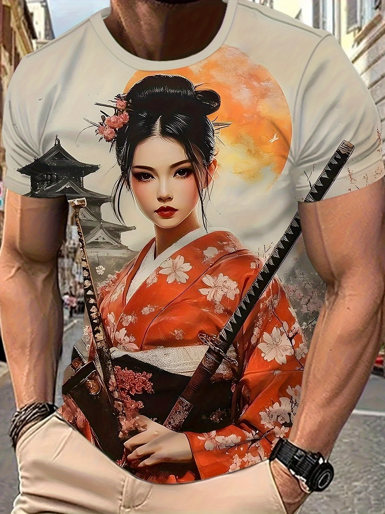 Men's Japanese Kimono Female Samurai T-Shirt, Sakura Temple Sunset Art, Quick Dry Breathable Streetwear for Summer Casual Wear