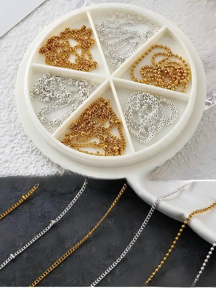 6-Piece Gold Chain Nail Art Set – 3D Mixed Link Charms, Golden Metal Embellishments for DIY Manicure, Comes with Box