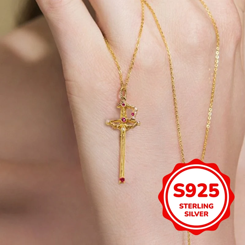 

s925 sterling silver rose vow sword gold cross red diamond key pendant necklace women's light luxury exquisite retro classic