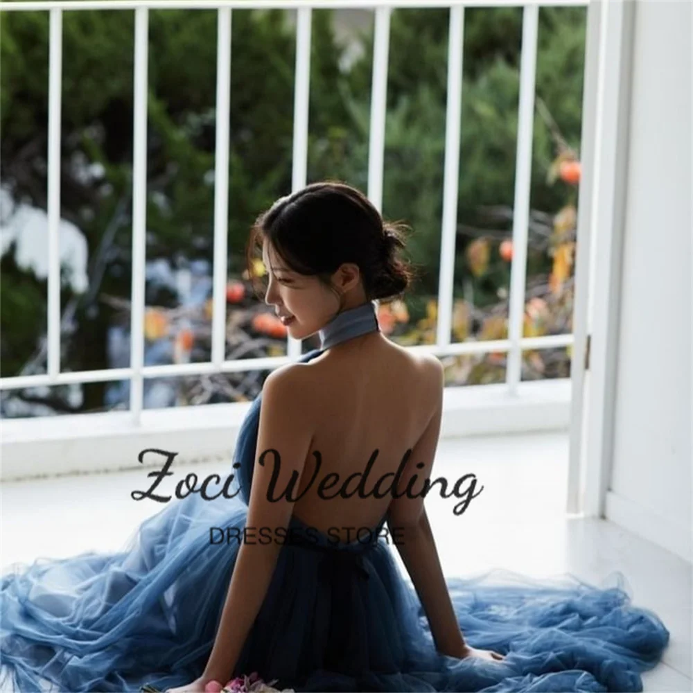 Zoci Fairy Blue Wedding Dresses Halter Pleat Tulle A Line Bridal Gown Customized Open Back Sleeveless Photo Shoot Party Dress